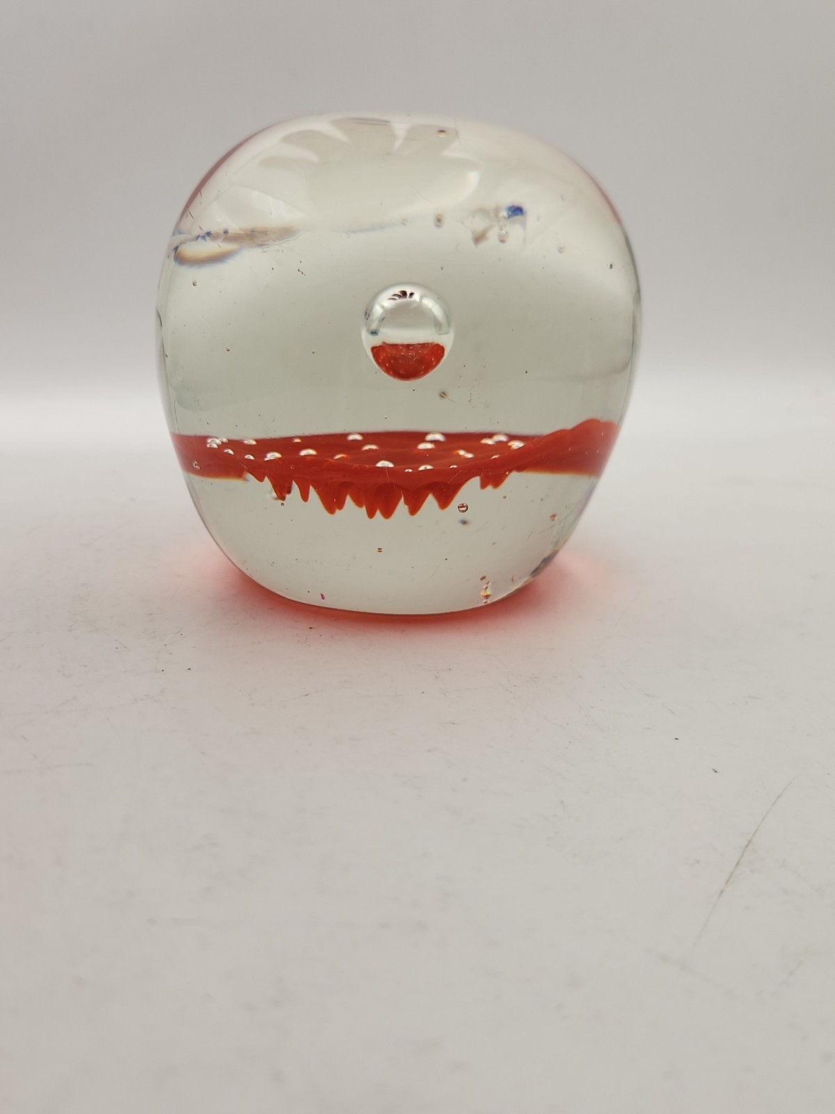 Vtg HandBlown Glass Paperweight Ball Orb Orange Blue Clear Bubble MCM Trippy