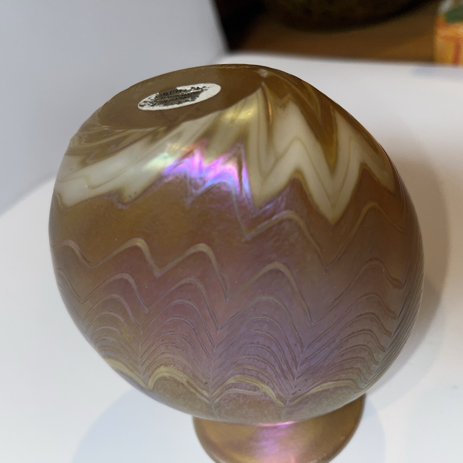 Vintage Art Glass Vase Signed Robert Held Yellow Purple Iridescent 4.5” Canada