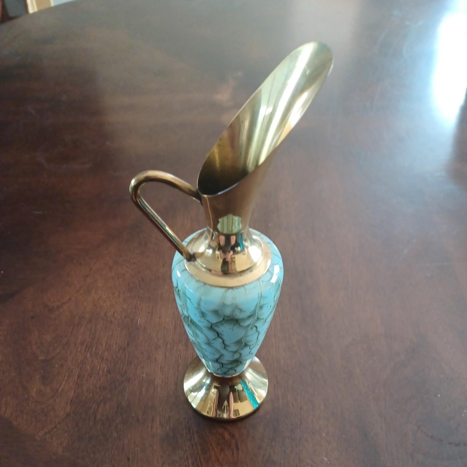 Vintage Delft Holland Green Hand Painted Marble Style Pitcher with Brass