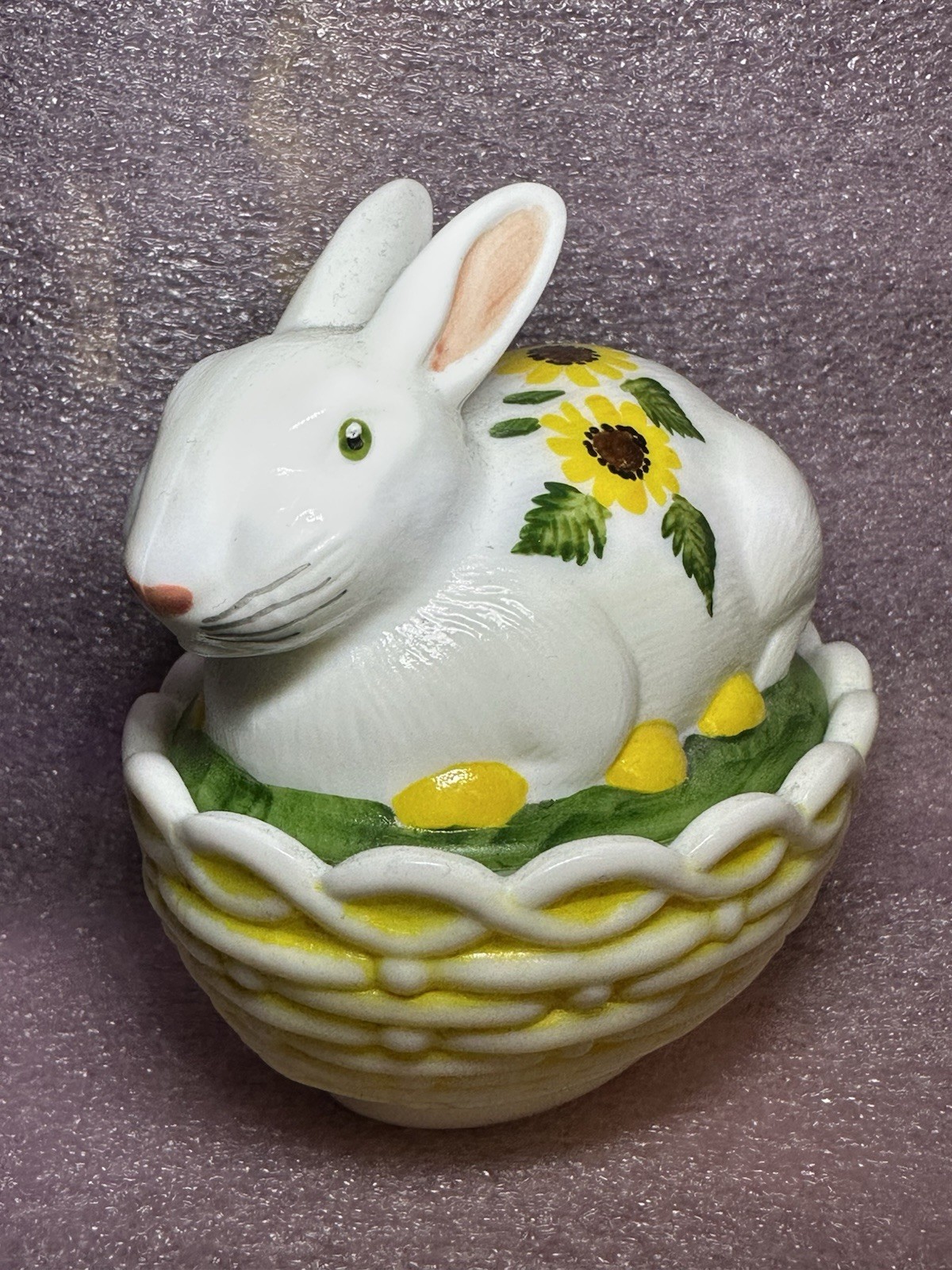 Mosser Glass Bunny on Basket Nest Hand-Painted Bee 🐝 Spring Flowers Signed