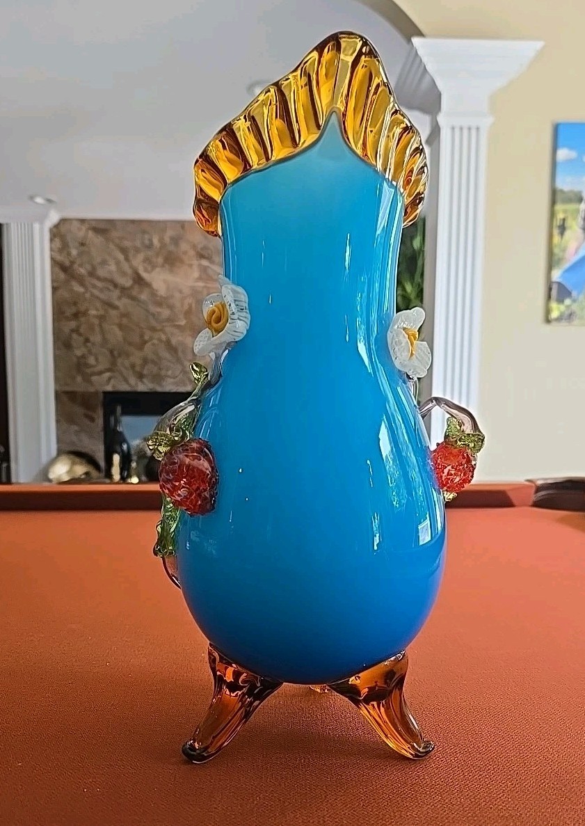 Murano Art Glass Italian Vase Colbart Blue Applied Flowers TALL