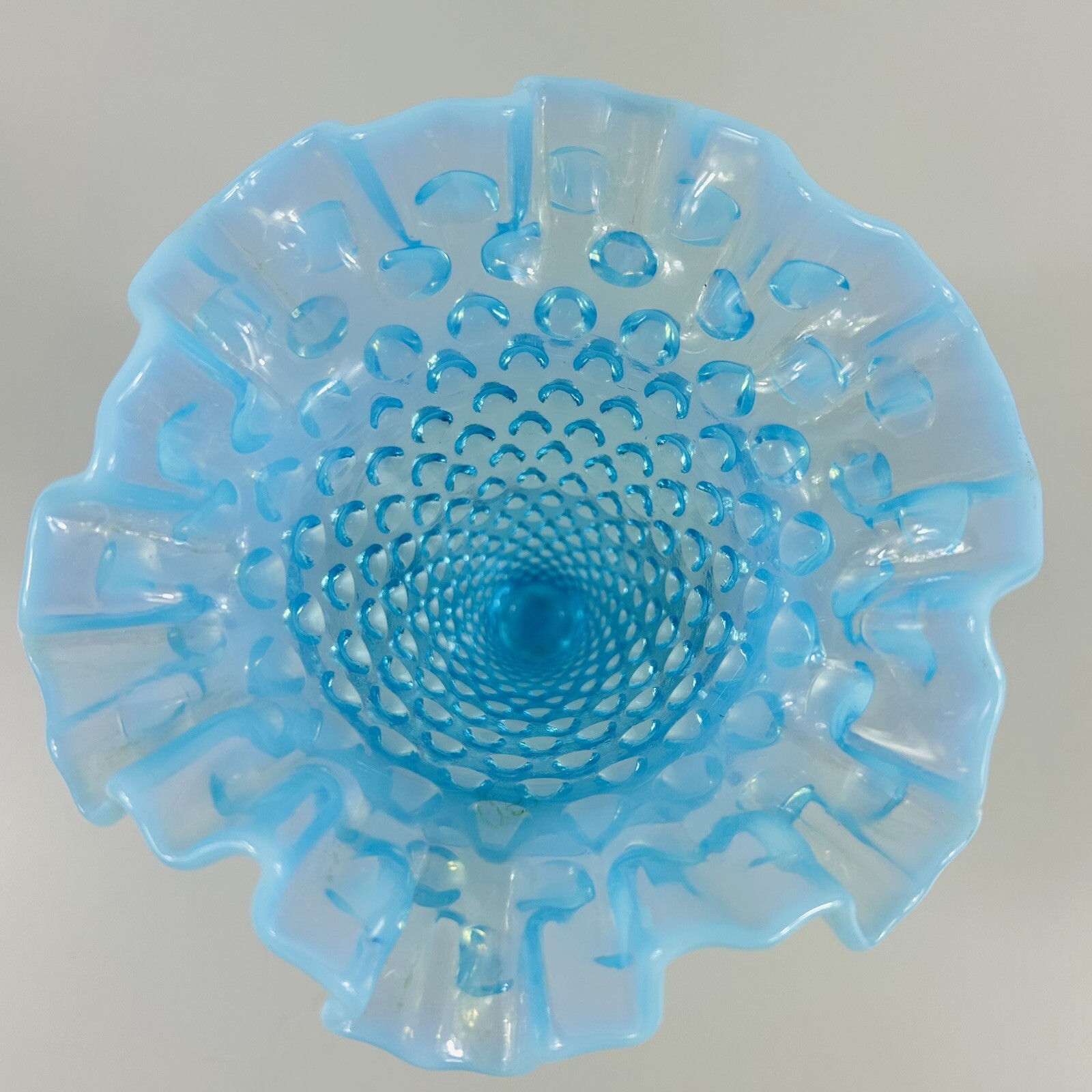 Vintage Opalescent Aqua Blue Glass Hobnail Vase Fluted Ruffled Edge Footed 5.75″