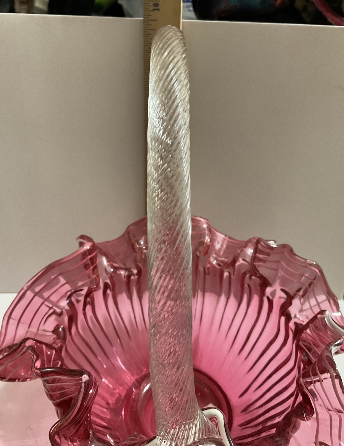 Fenton Cranberry Glass Overlay Ruffled Basket with Handle 1950 Ribbed Art Glass