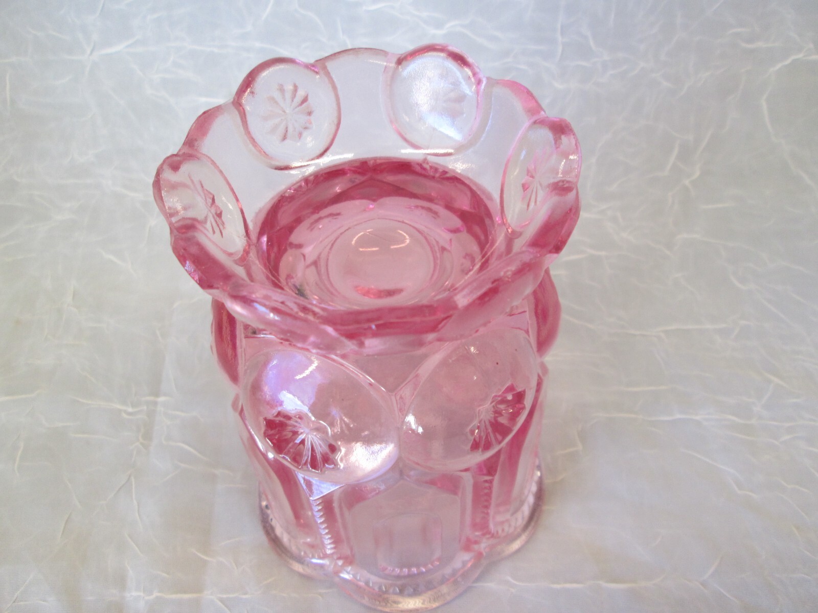 Moon and Star Pattern Glass PINK 5 3/8″ t LG WRIGHT SPOONER VASE Vintage
