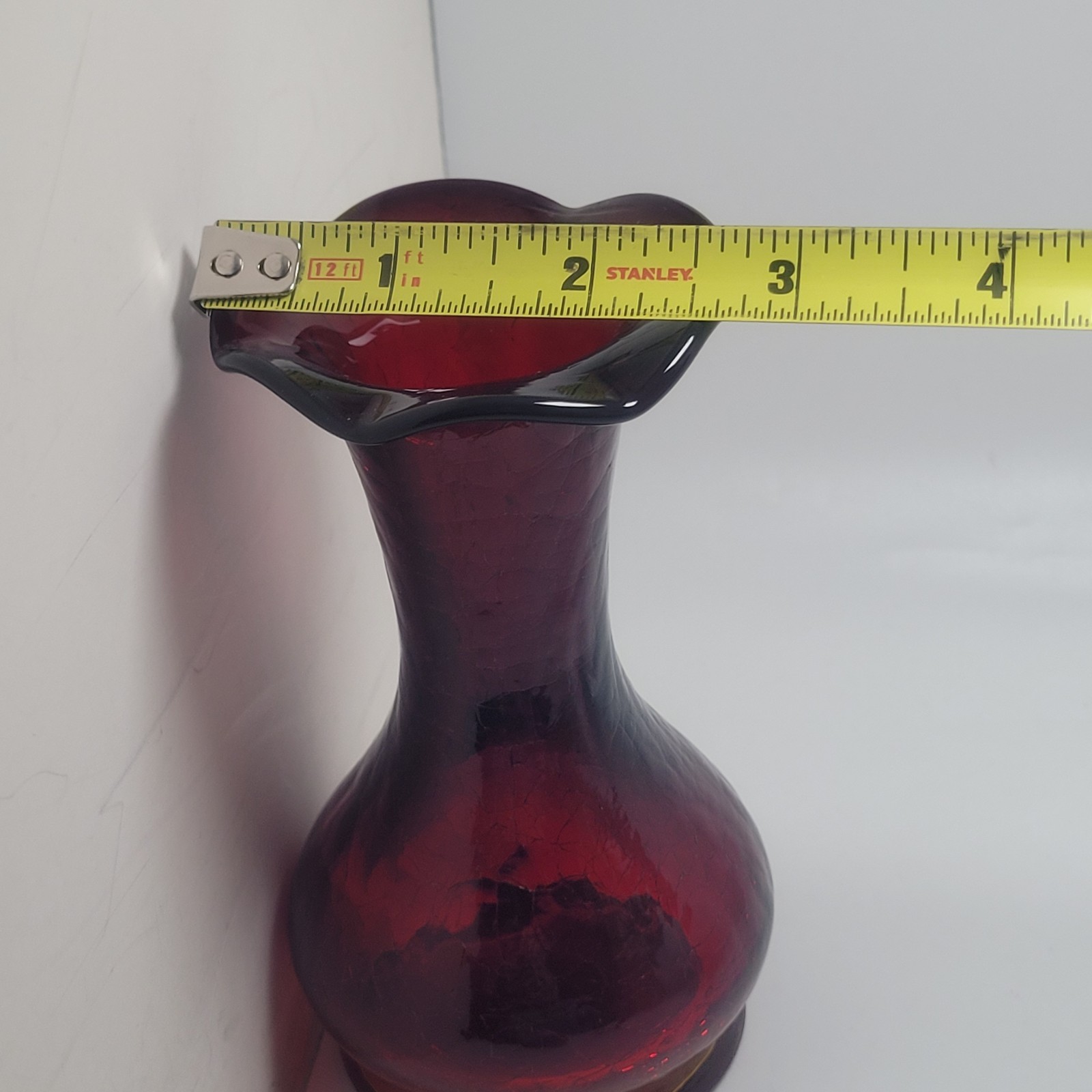 Vintage Ruby Red Crackle Glass Bud Vase 5″ Tall READ