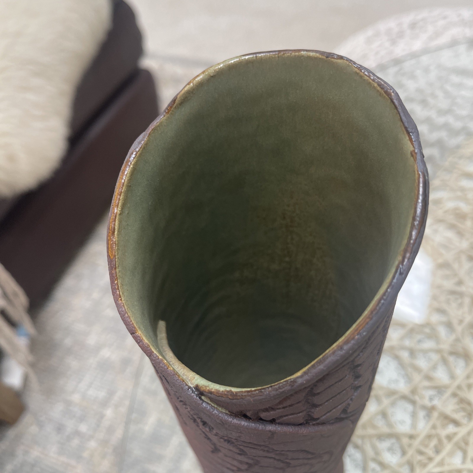 2 Mid Century impressed & Incised Decorated Pottery Cylinder Vases – Signed RARE