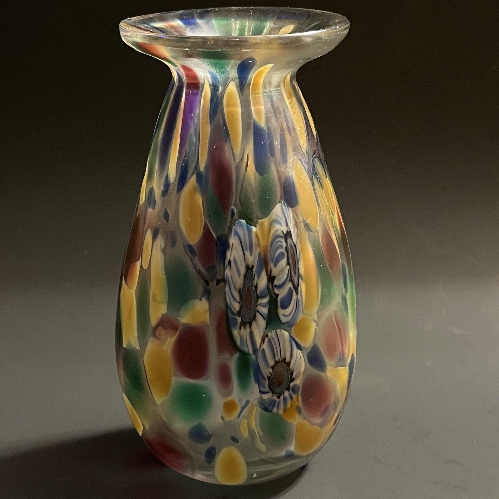Signed Herb A. Thomas Vase Iridescent Art Glass with Millefiori Floral 5.25″