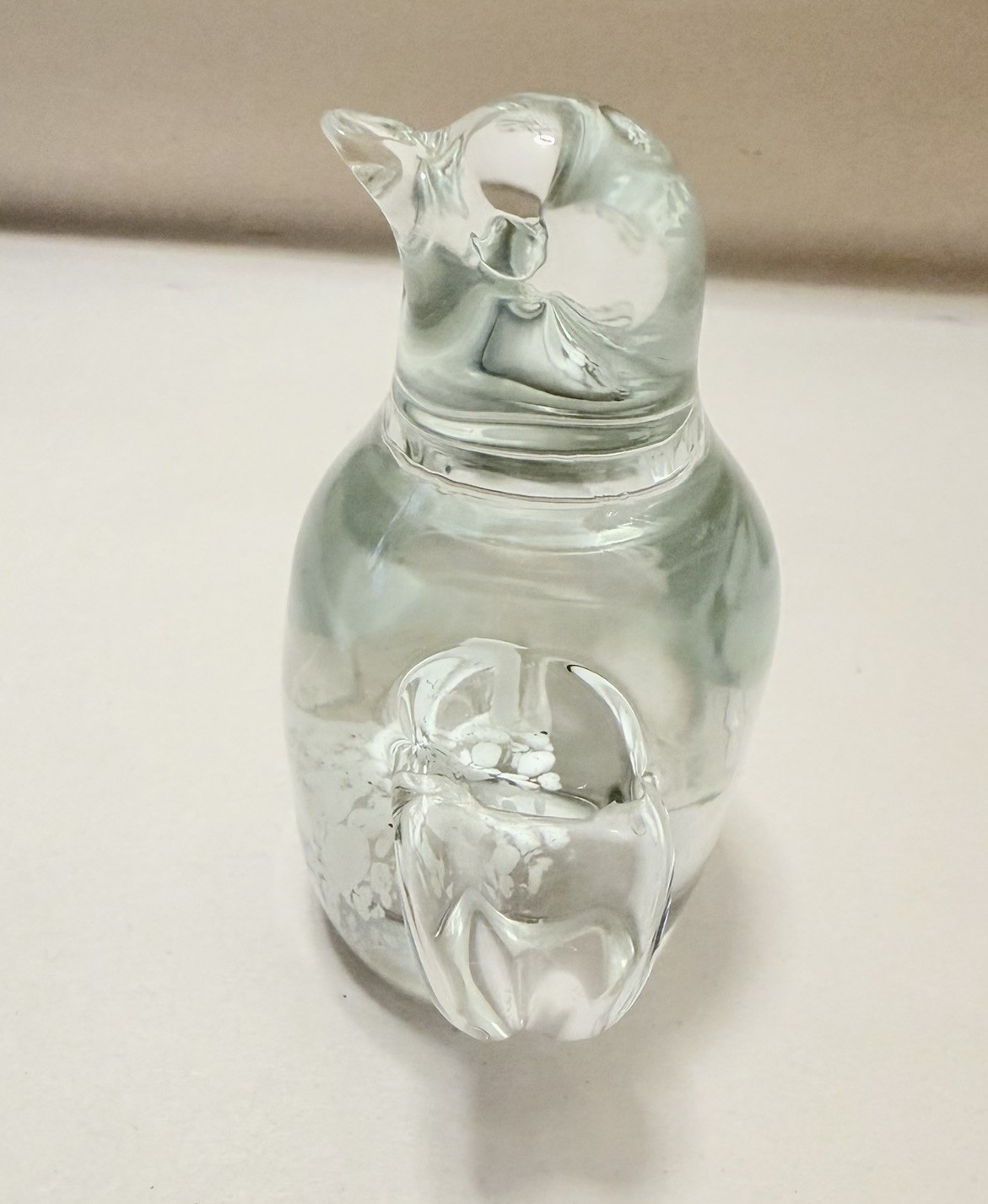 Penguin Figurine Art Glass Clear White Speckle Boho VTG Handmade Crystal Gift