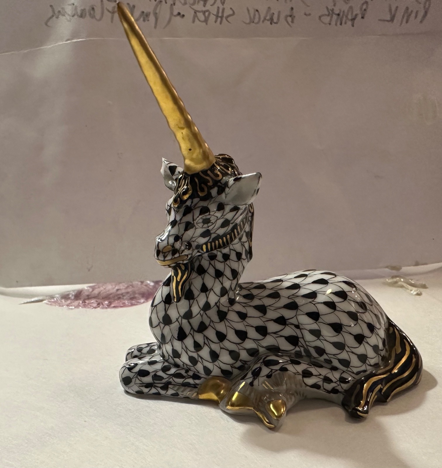 Herend Hungary Porcelain Fishnet Unicorn Figurine ~rare-Black & Gold chipped ear