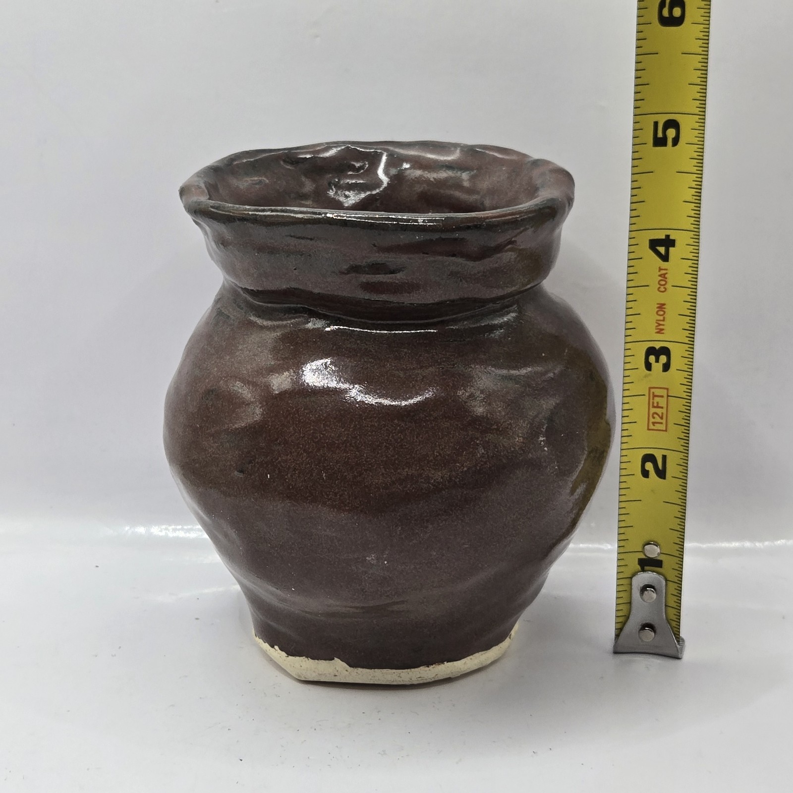 Handmade Brutalist Hand Thrown Pottery Brown Glazed Vase Signed MADDY 4.2″H 4″D