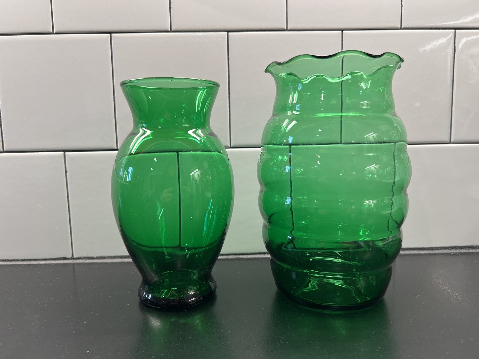 Vintage Set of 2 Anchor Hocking Forest Green Vases