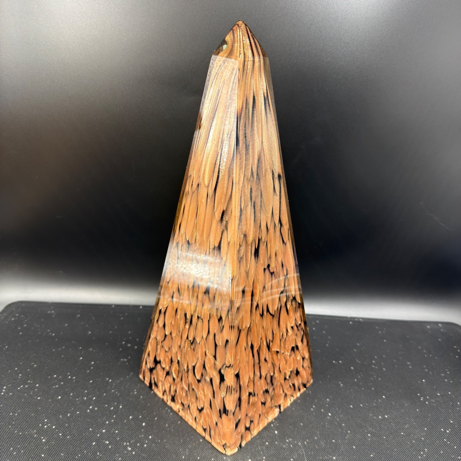 Art Glass Obelisk Paperweight Copper Glitter Black Swirl Heavy Pyramid 11.5 Inch