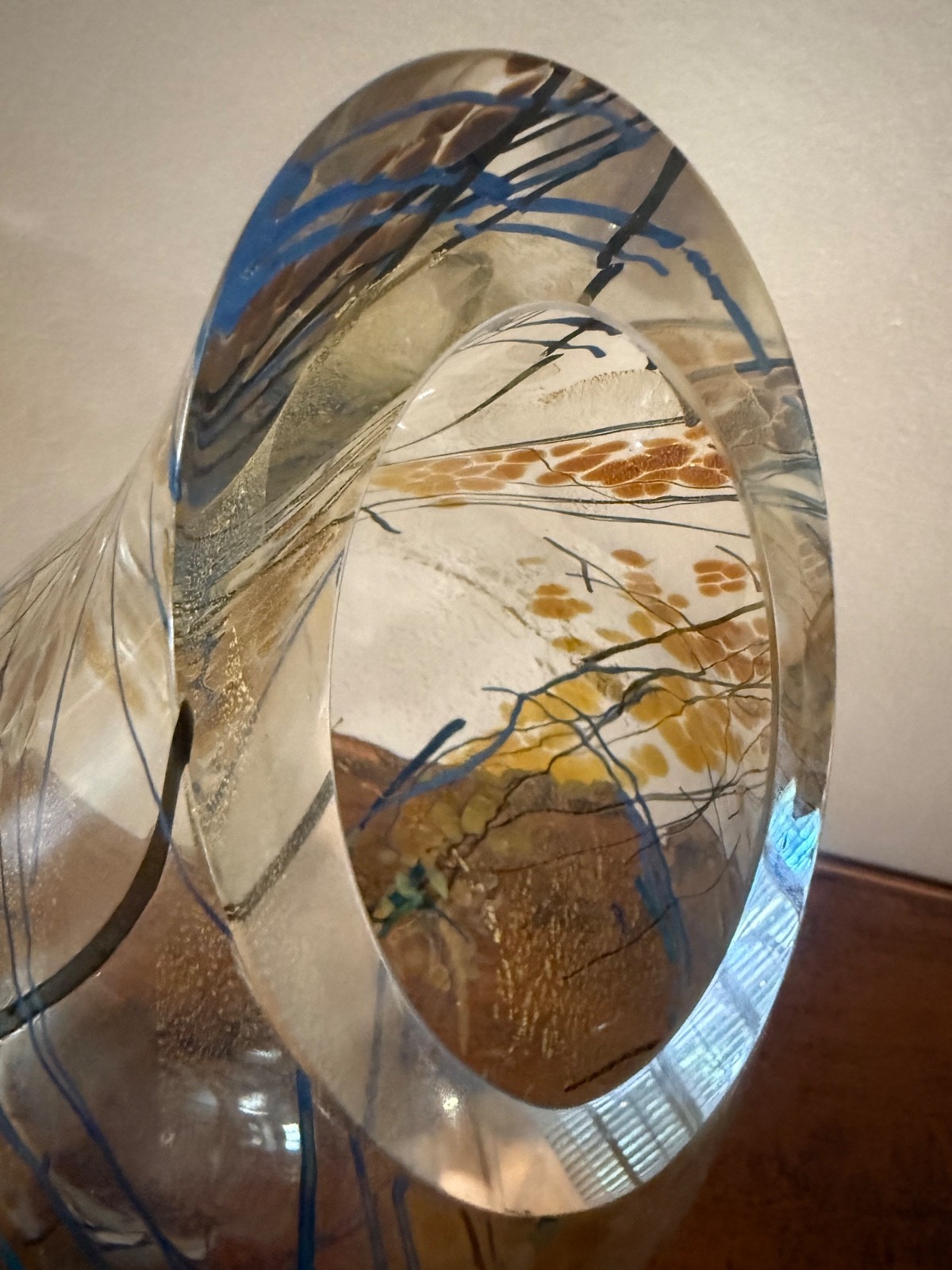Tim Lazer Signed Studio Art Glass Vase 17″ Large Gold Black Dichroic Slash Cut