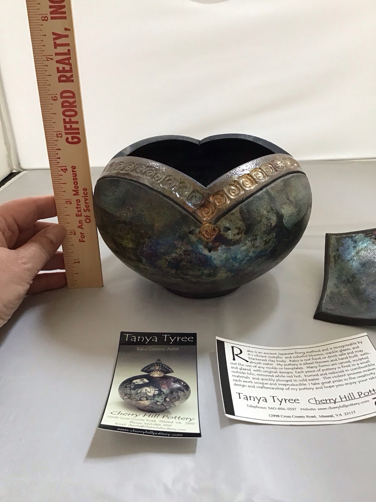 Studio Art Raku Pottery Iridescent Green Lidded Bowl Trinket Box 7” Tyree 2005