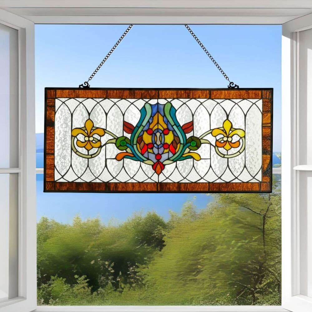 Fleur De Lis Spice Colors Stained Glass Window Panel Suncatcher 30L x 14H