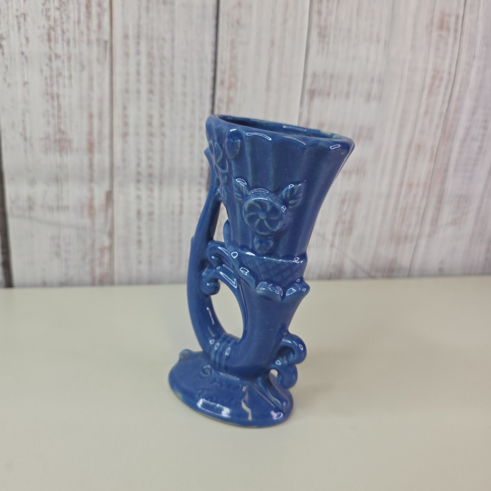 Art Pottery Cornucopia Vase Blue Ceramic Vintage Signed Taylor December 21 1941