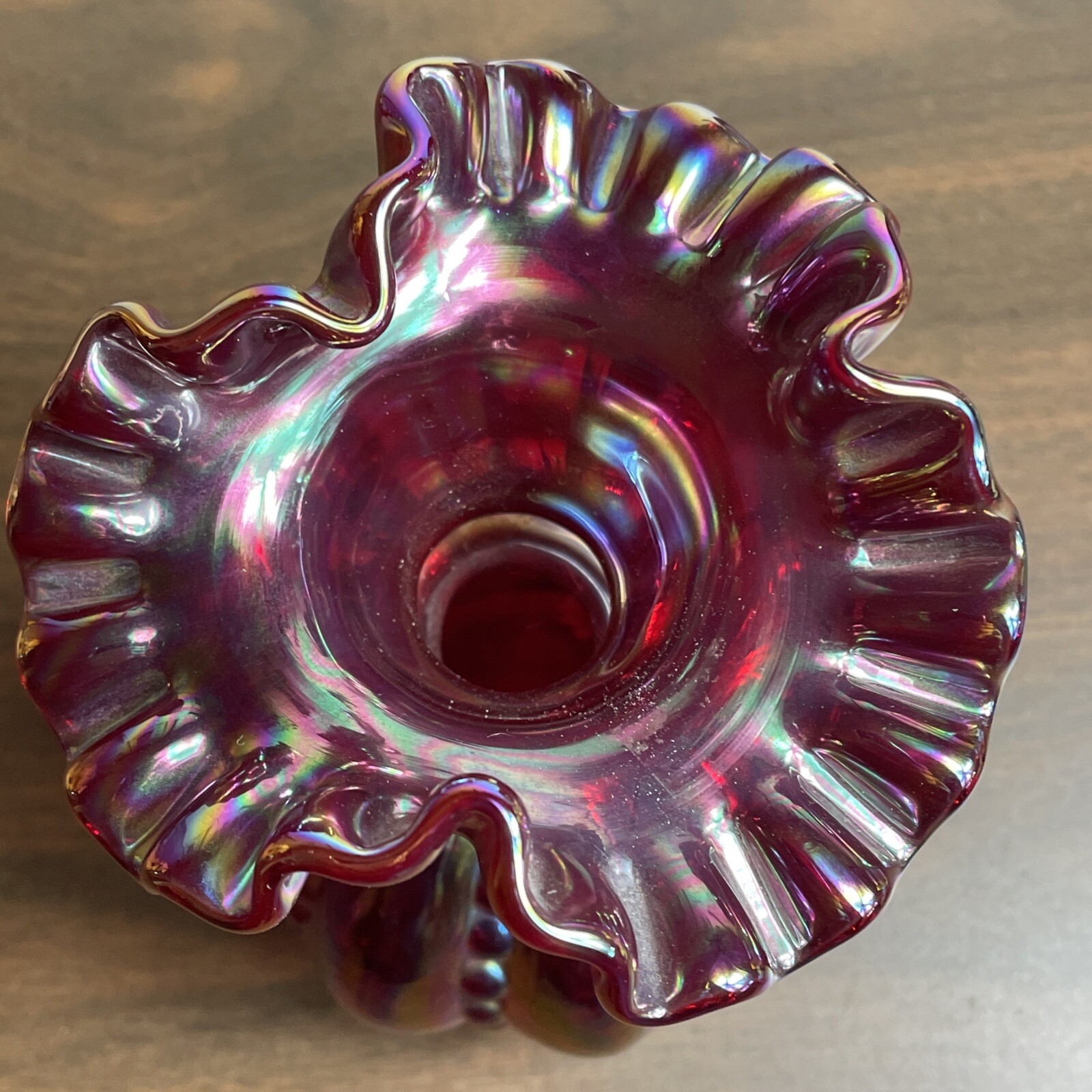 Vintage Fenton Red Carnival Glass Beaded Melon Vase 6″