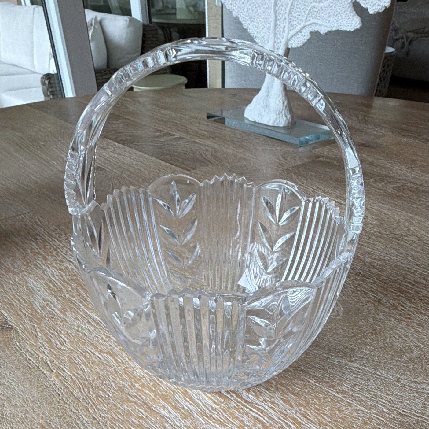 Clear Floral Pressed Glass Decorative Basket with Handle, Round