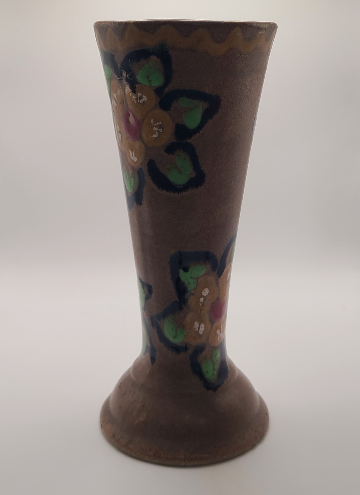 German Ceramic Pottery Vase Floral Pattern Brown Yellow Green Red Blue 956