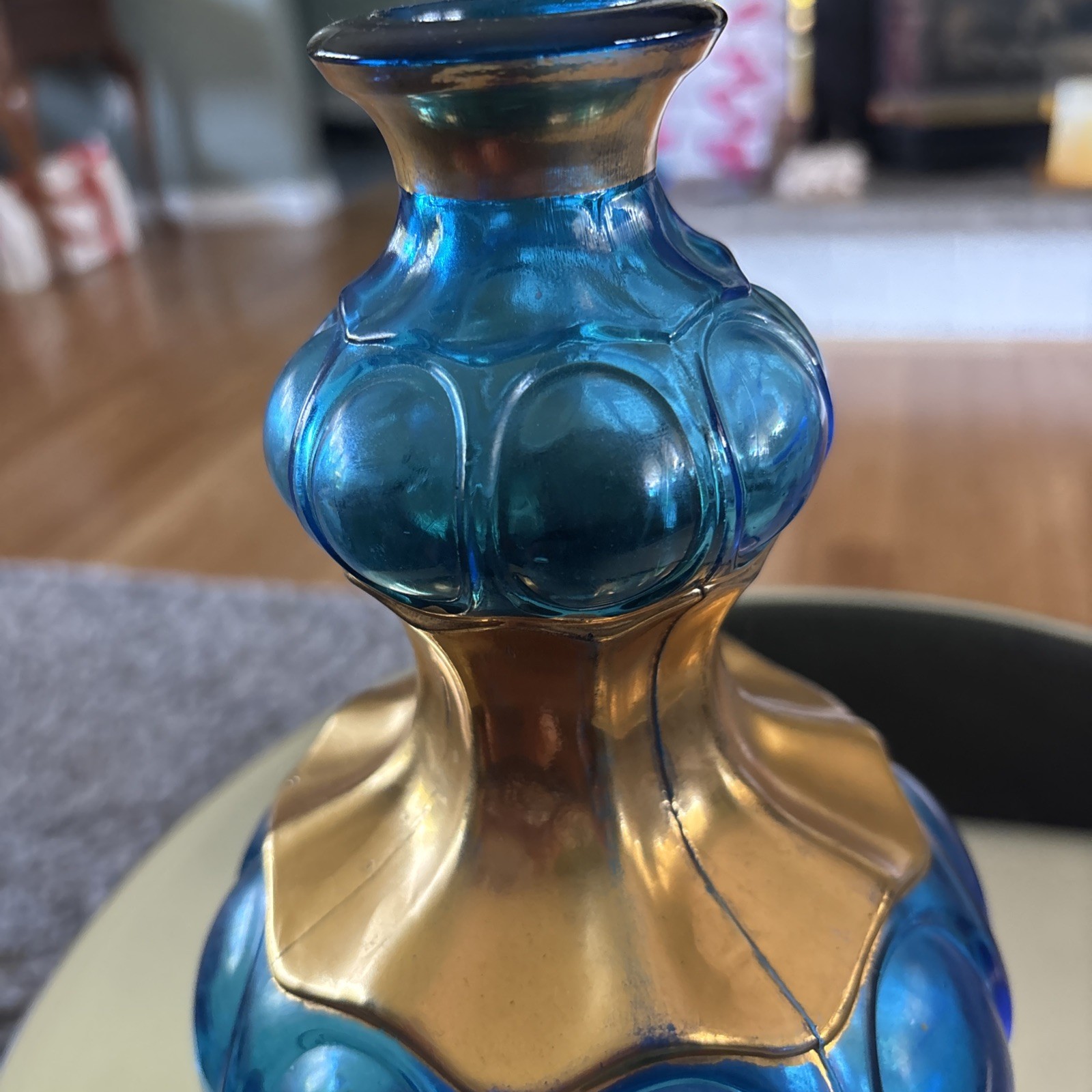 Vintage Teal Blue and Gold Genie Bottle Vase 10 Inches Tall