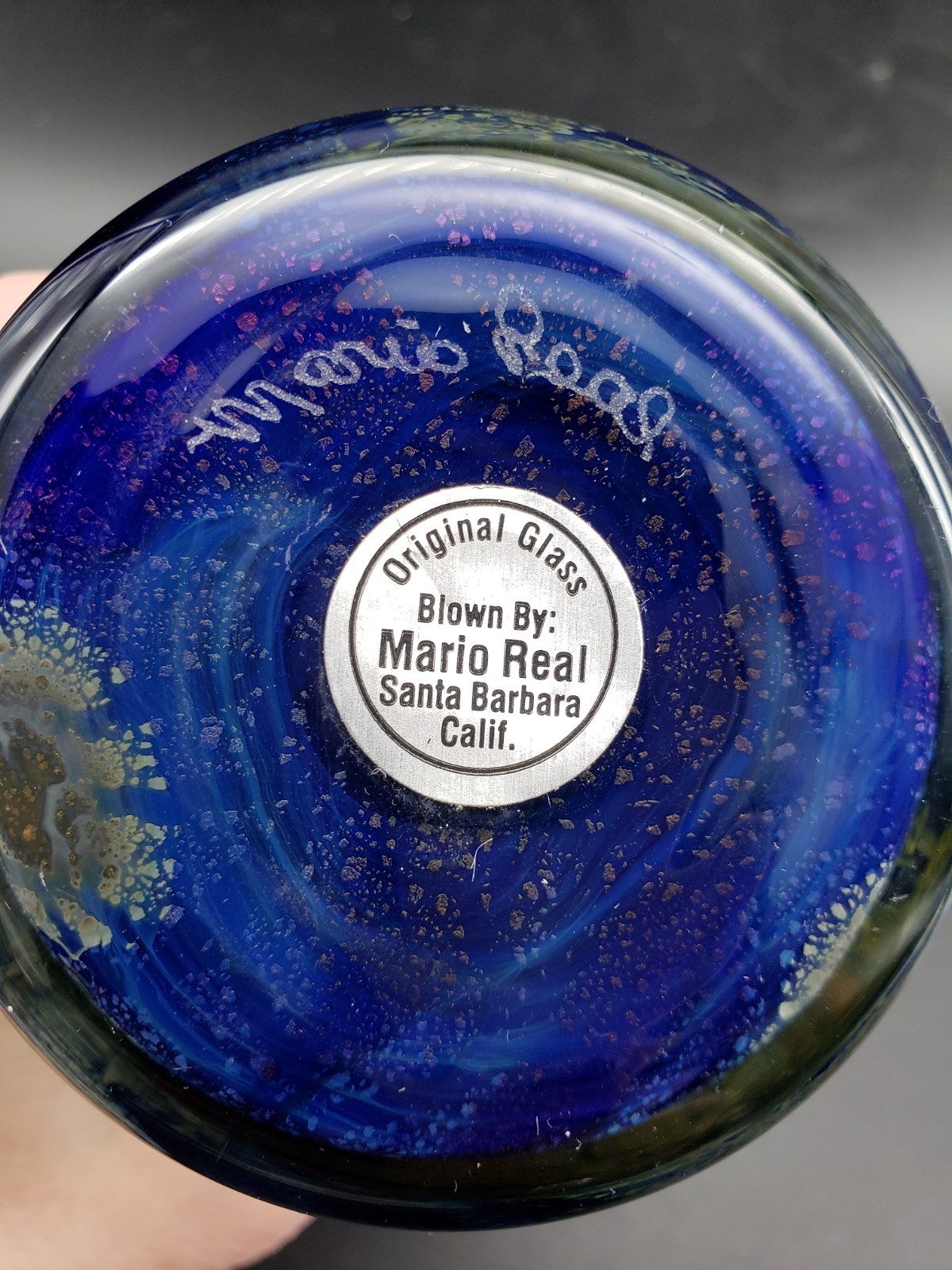 Mario Real Hand Blown 6.5in Glass Vase Midnight Blue Iridescent