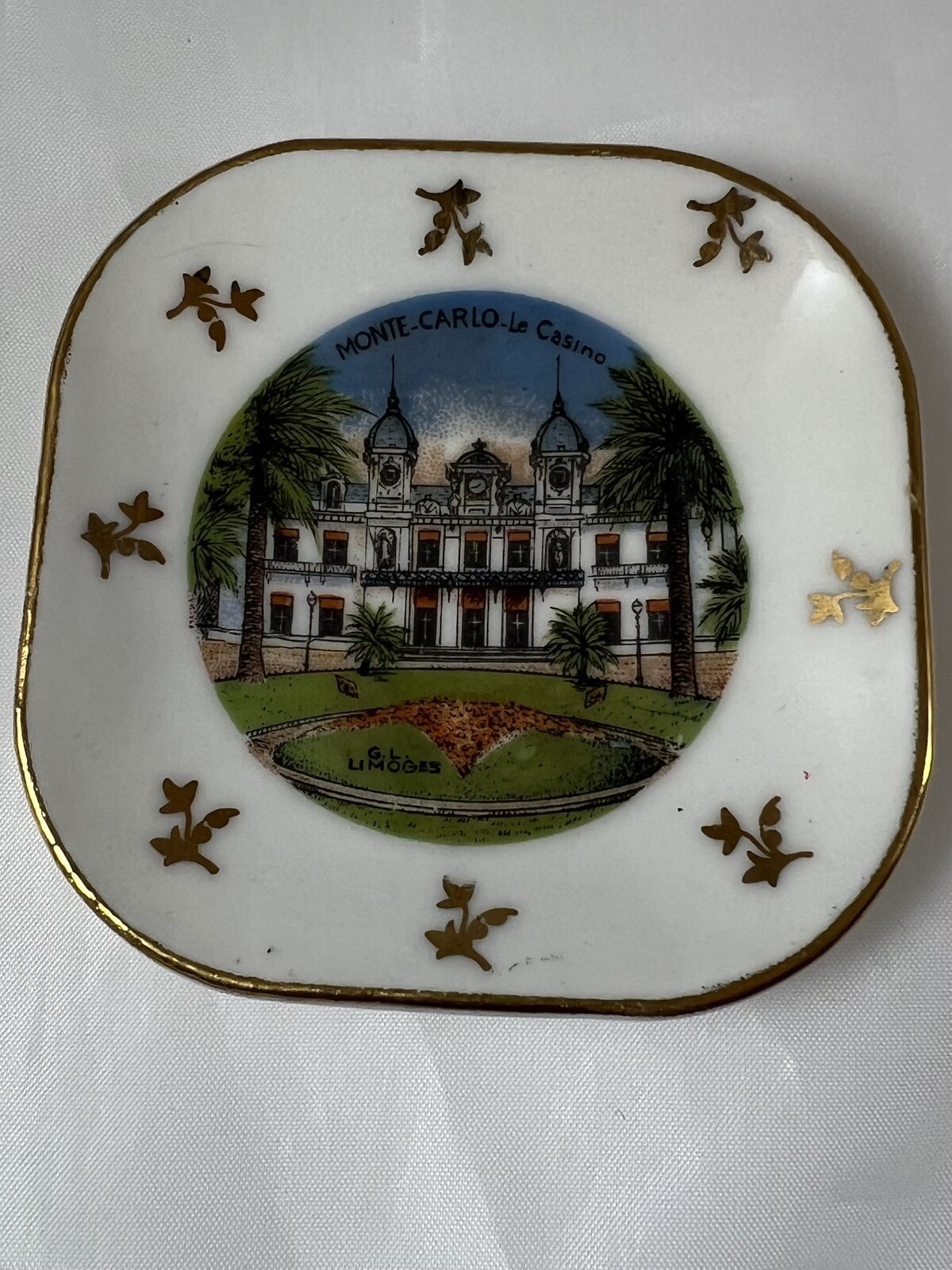 Limoges Trinket Dish Monte Carlo Casino Hand Painted Square Gold Trim Ashtray 3”