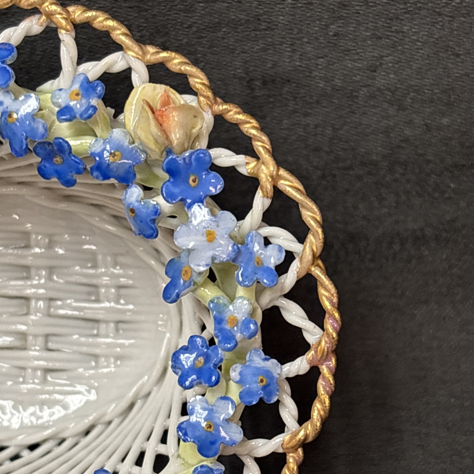 Antique Von Schierholz Woven Porcelain Basket FORGET ME NOT ~ F