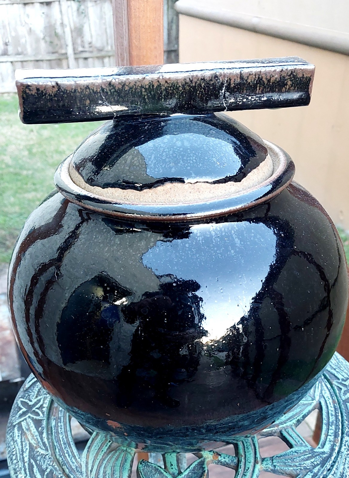 Tenmoku Glazed Stoneware Lidded Ginger Jar/ Urn . Artist Signed