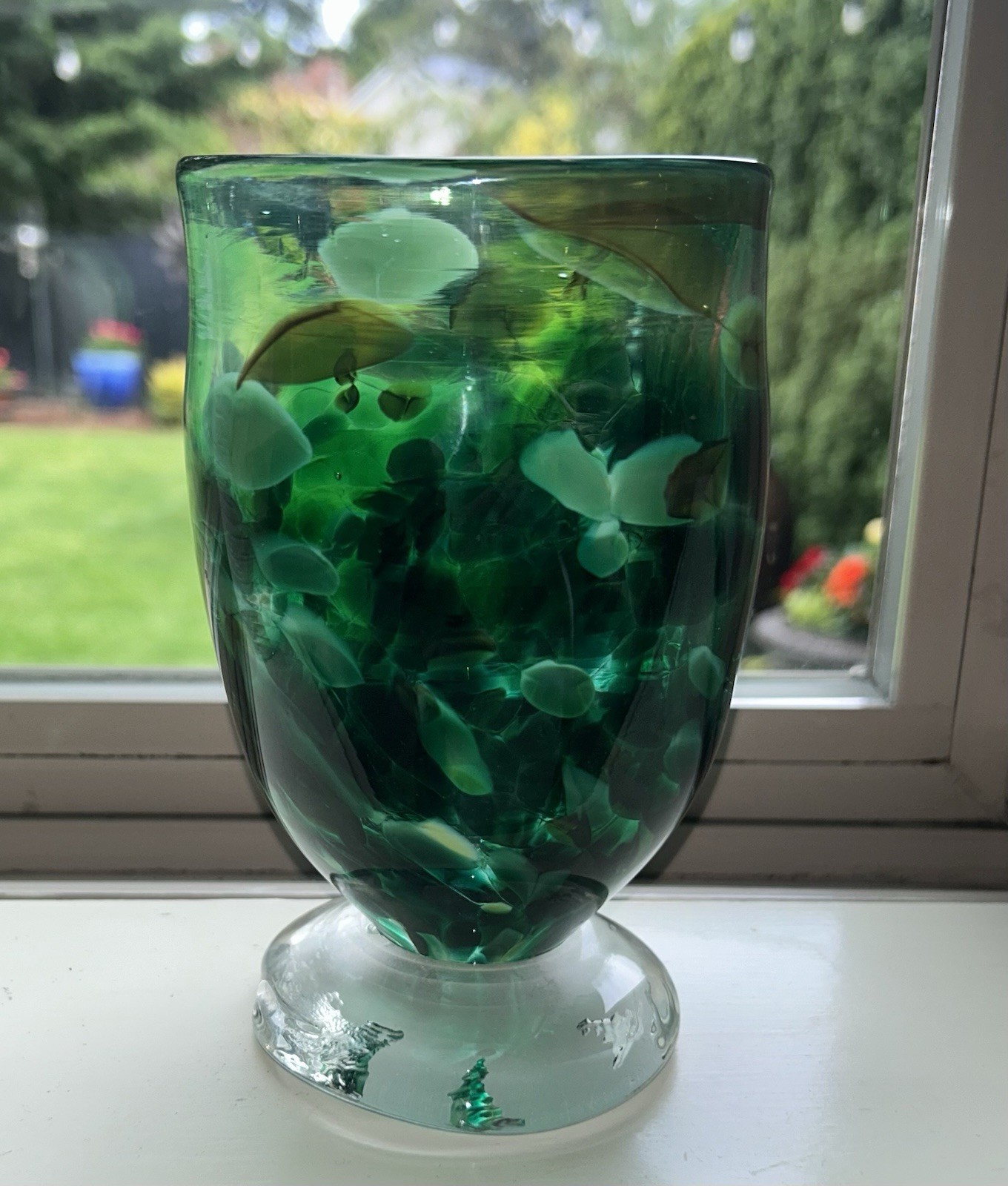 Hand Blown Art Glass Goblet Vase Emerald Forest Green Clear Footed 6″ Tall Heavy
