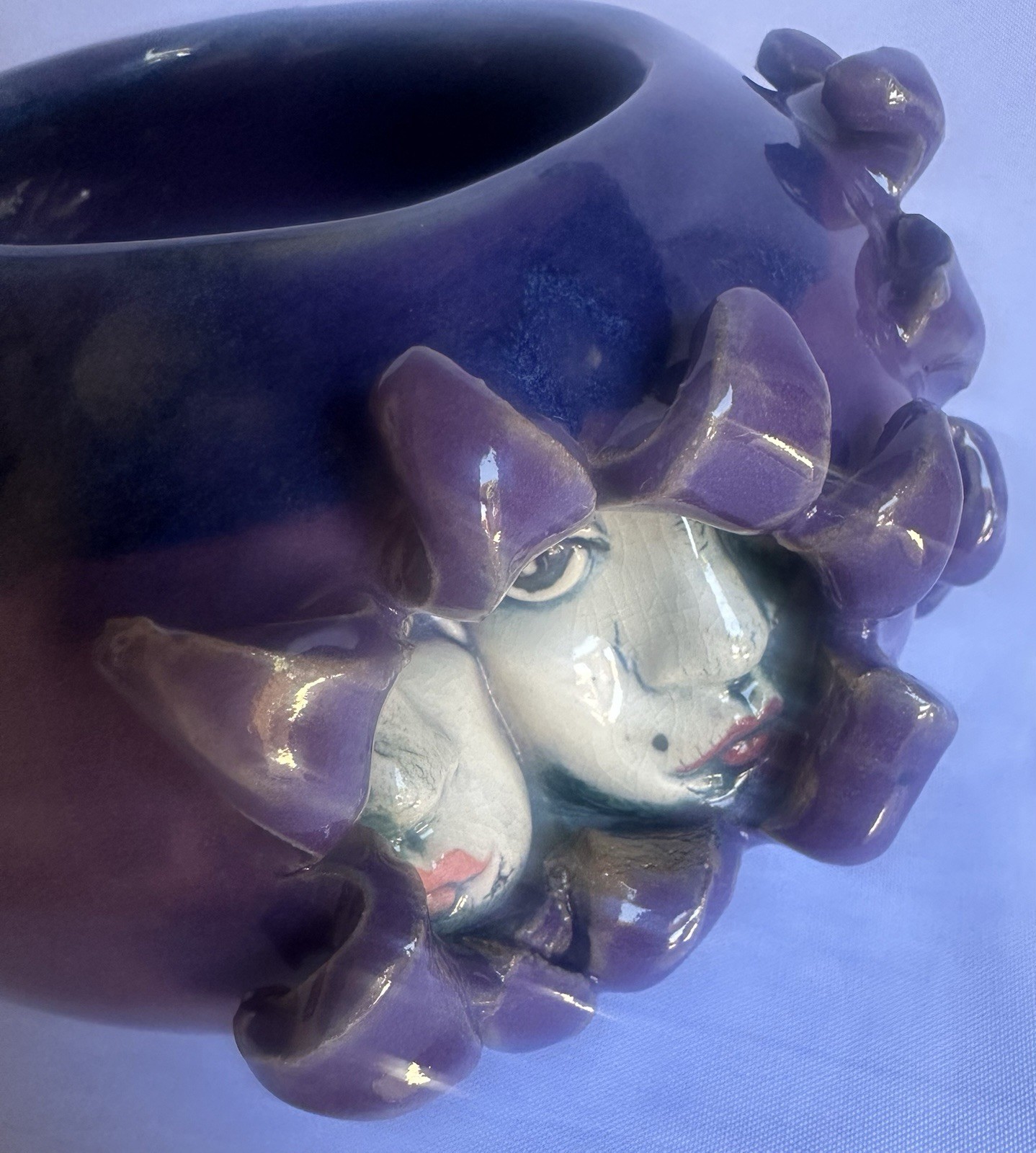 Always Azul Pottery Enchanting Art Bowl Whimsical Faces Blue/Purple Signed Art
