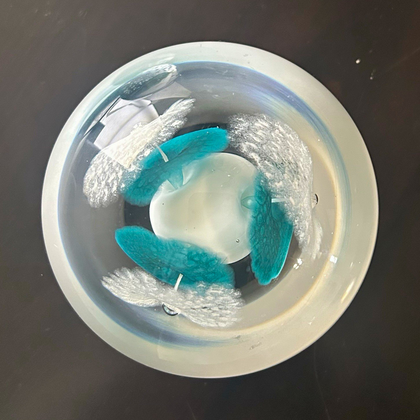 Seguso Ca’ d’Oro Art Glass Paperweight Dome Clear Blue White Swirl Bubbles