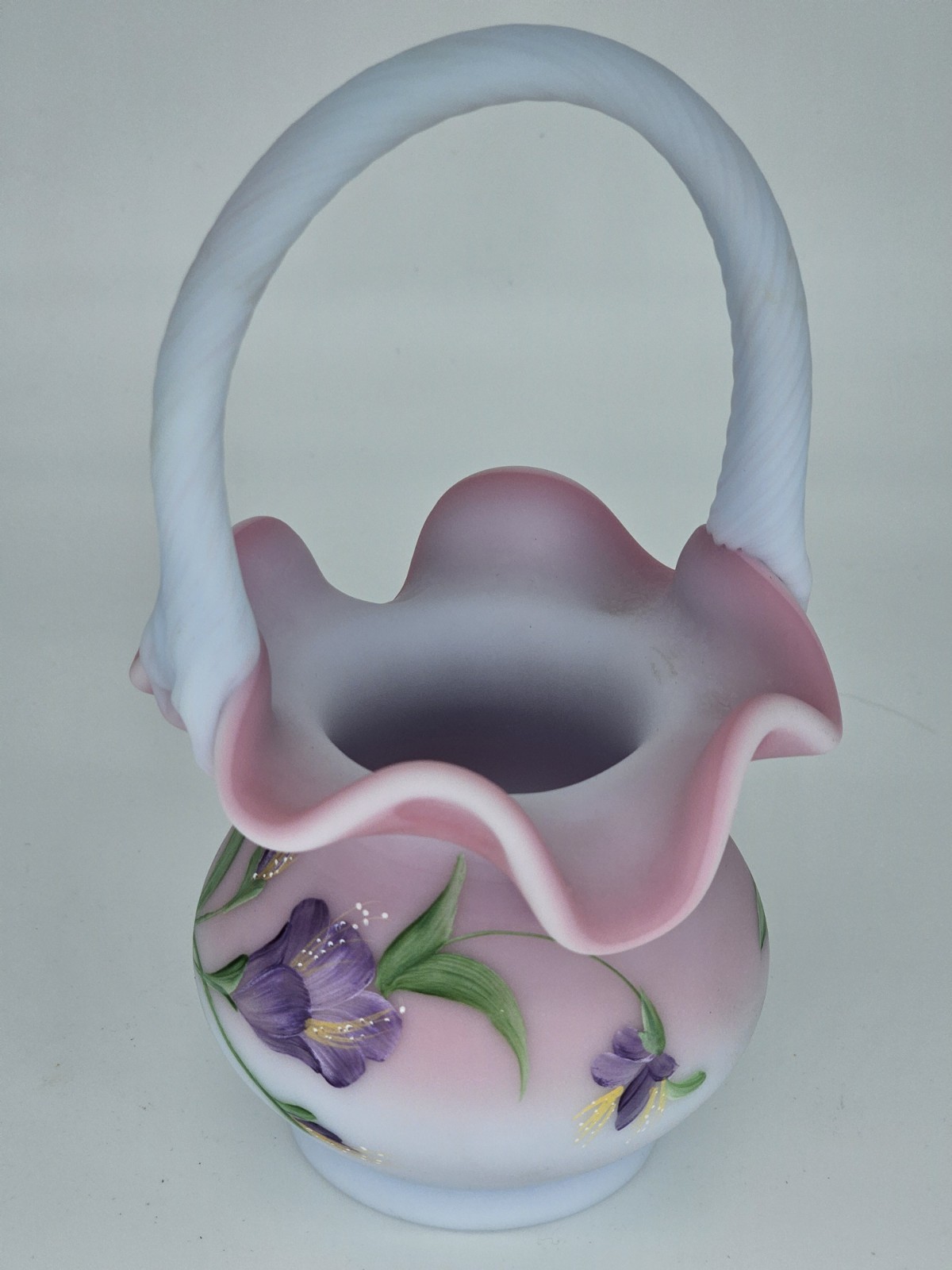 Fenton Limited Edition Hand Painted Blue Bermese Purple Floral Basket