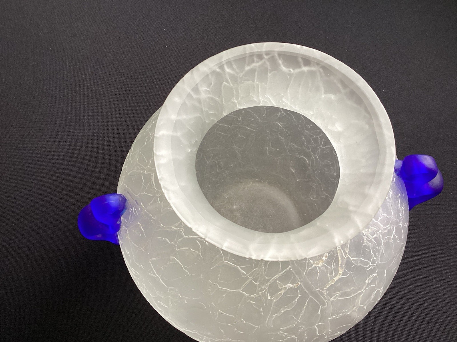 Studio Art Frosted White Crackle Vase With Cobalt Blue Handles