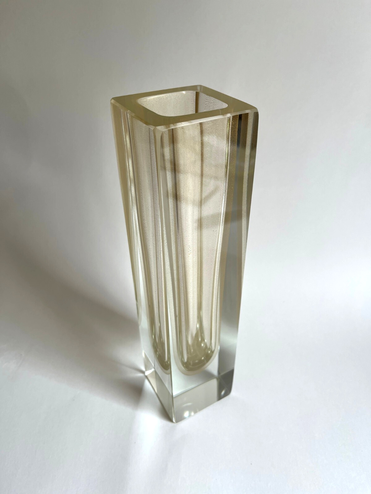Vintage MCM Flavio Poli Murano Sommerso Cube Vase Clear Gold Stardust 11.75″