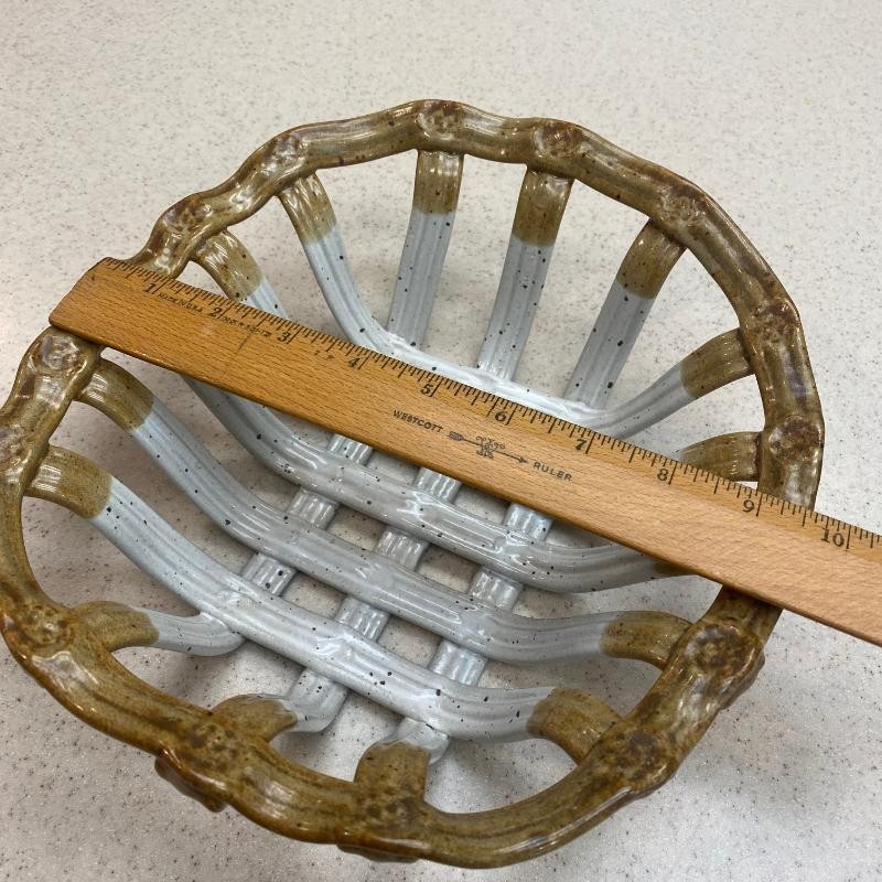 Open Weave Ceramic Bread Basket Bowl Speckled White & Brown 10” Oval With Warmer