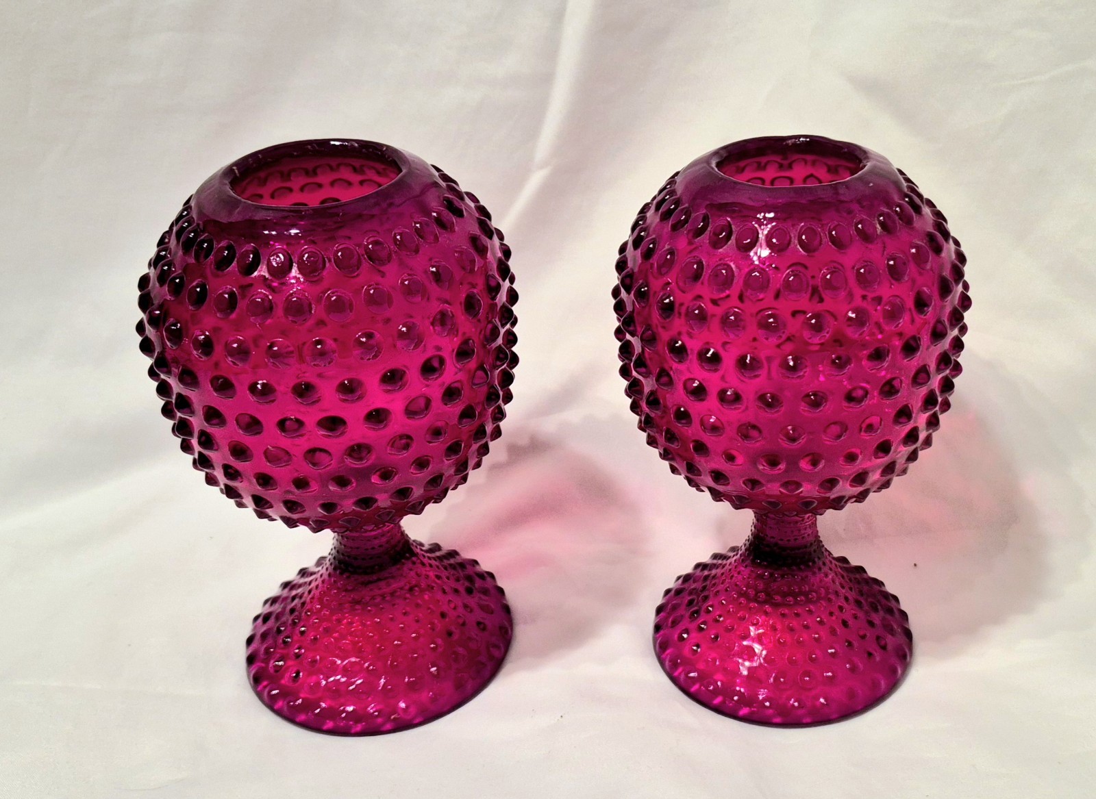 2 Duncan & Miller Glass American Hobnail Footed Ivy Pedestal Ball Ruby Red Vtg