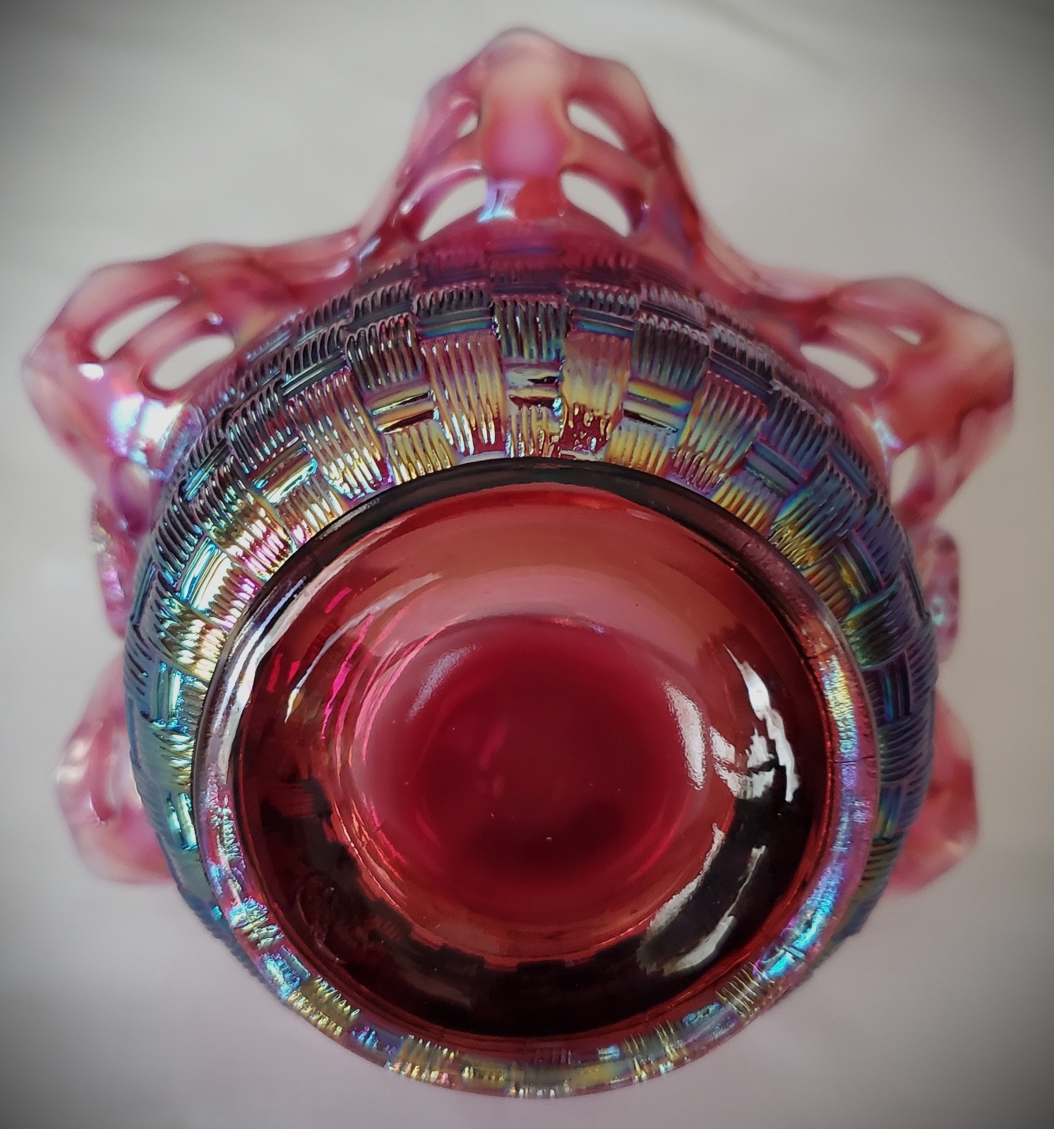 Fenton Plum Opalescent Weaved Basket with Handle HTF