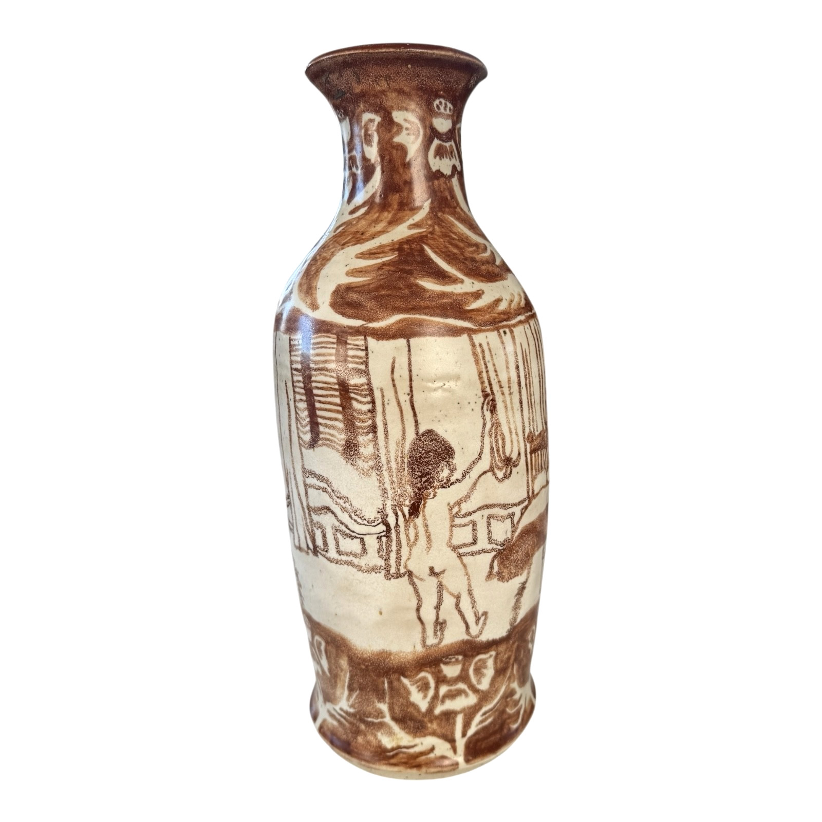 Vintage Tall Handmade Studio Art Pottery Stoneware Vase – Cream & Brown Glaze