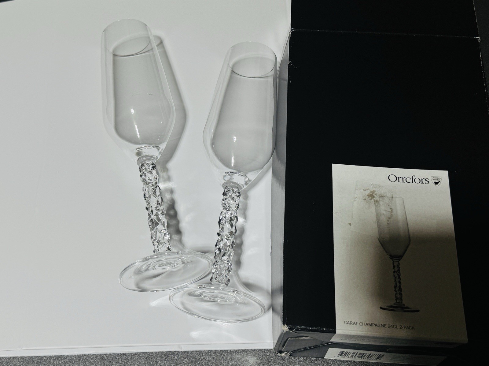 New 2 Pack Orrefors Carat Crystal Flute Champagne Glass 8oz