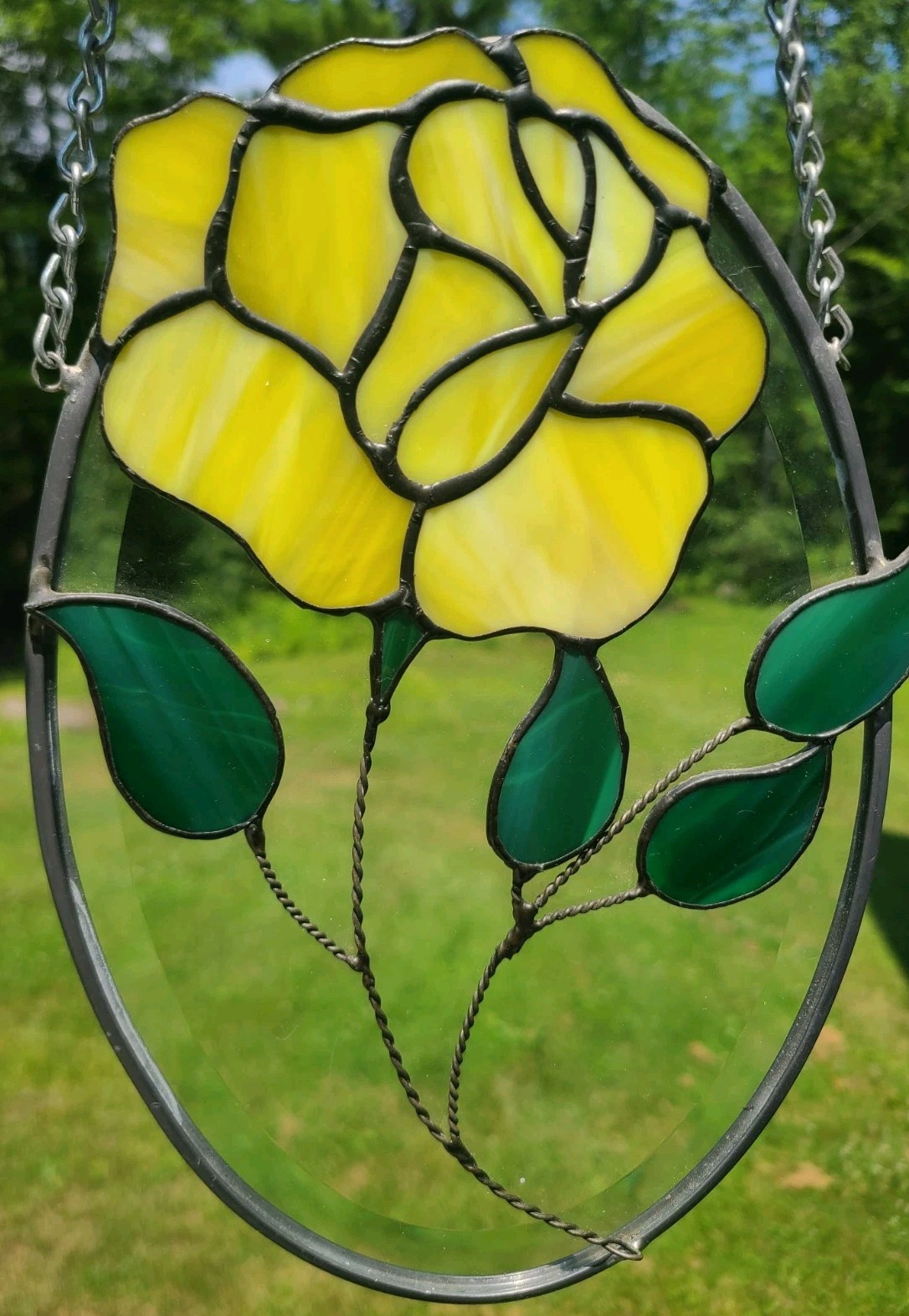 Yellow Rose Stained Glass Suncatcher Oval Beveled Panel Handmade 9″ X 6″
