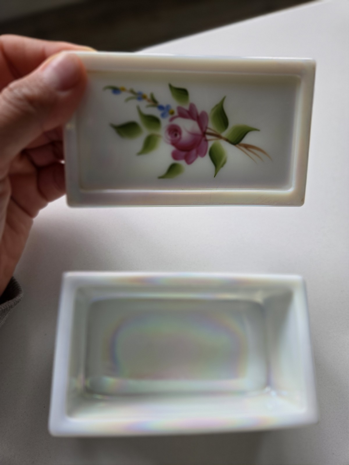 White Rectangular Floral Trinket Box with Lid, Red Flower Design, 2-Piece
