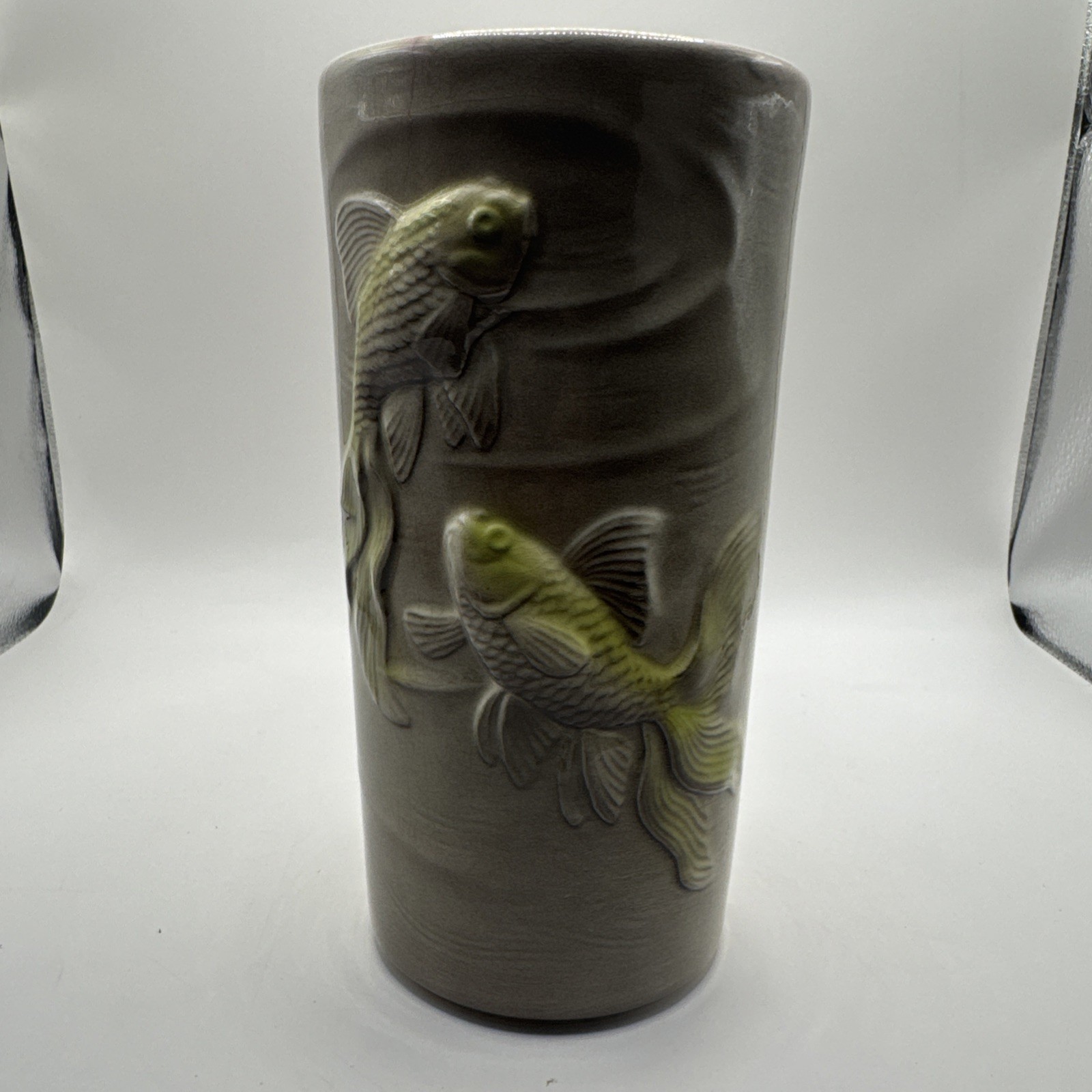 Royal Copley Art Deco Raised Koi Fish Vase 8.25″ Green/Grey Rare Vintage MCM