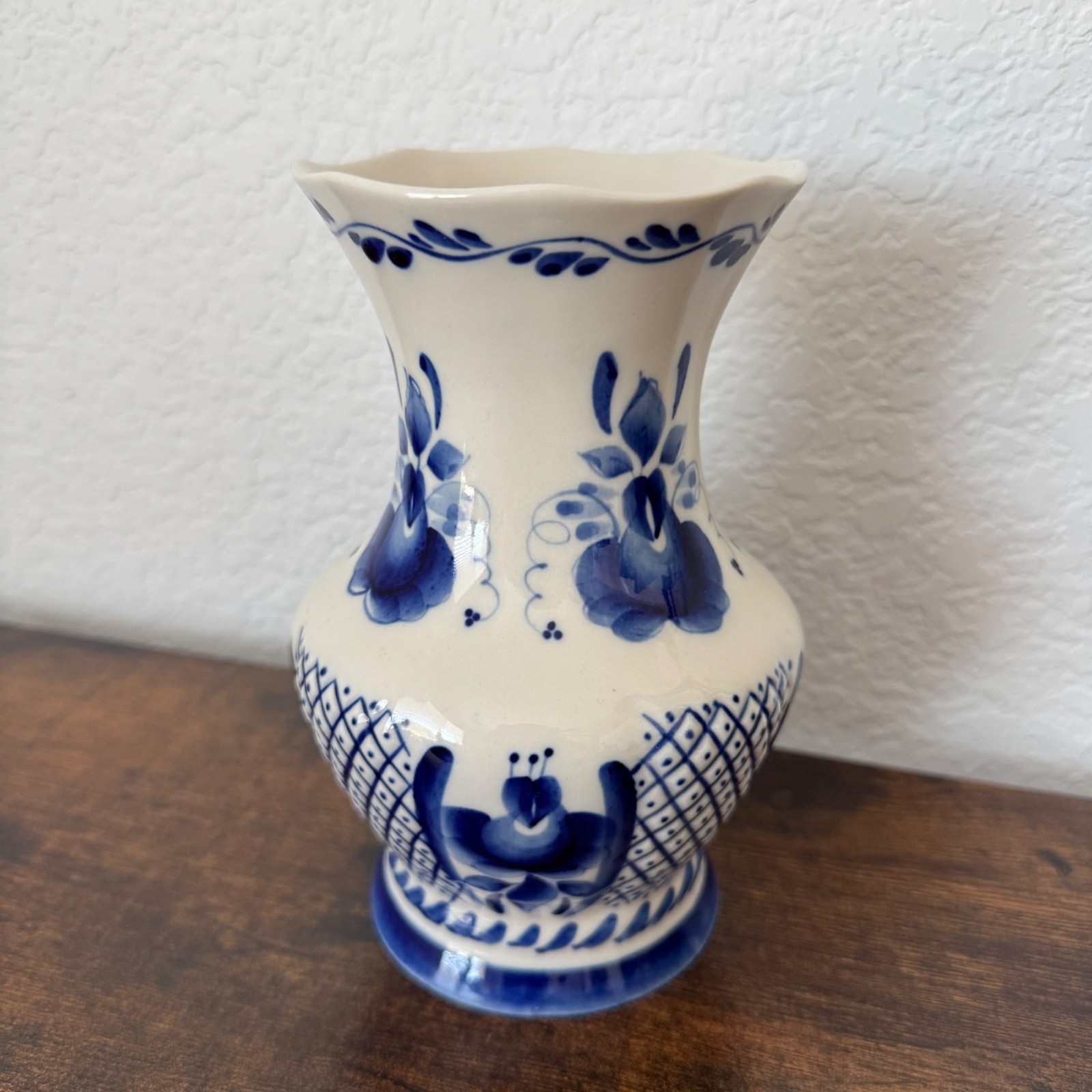 Vintage Gzhel Russian Porcelain Hand Made Floral Vase Stamped Blue and White