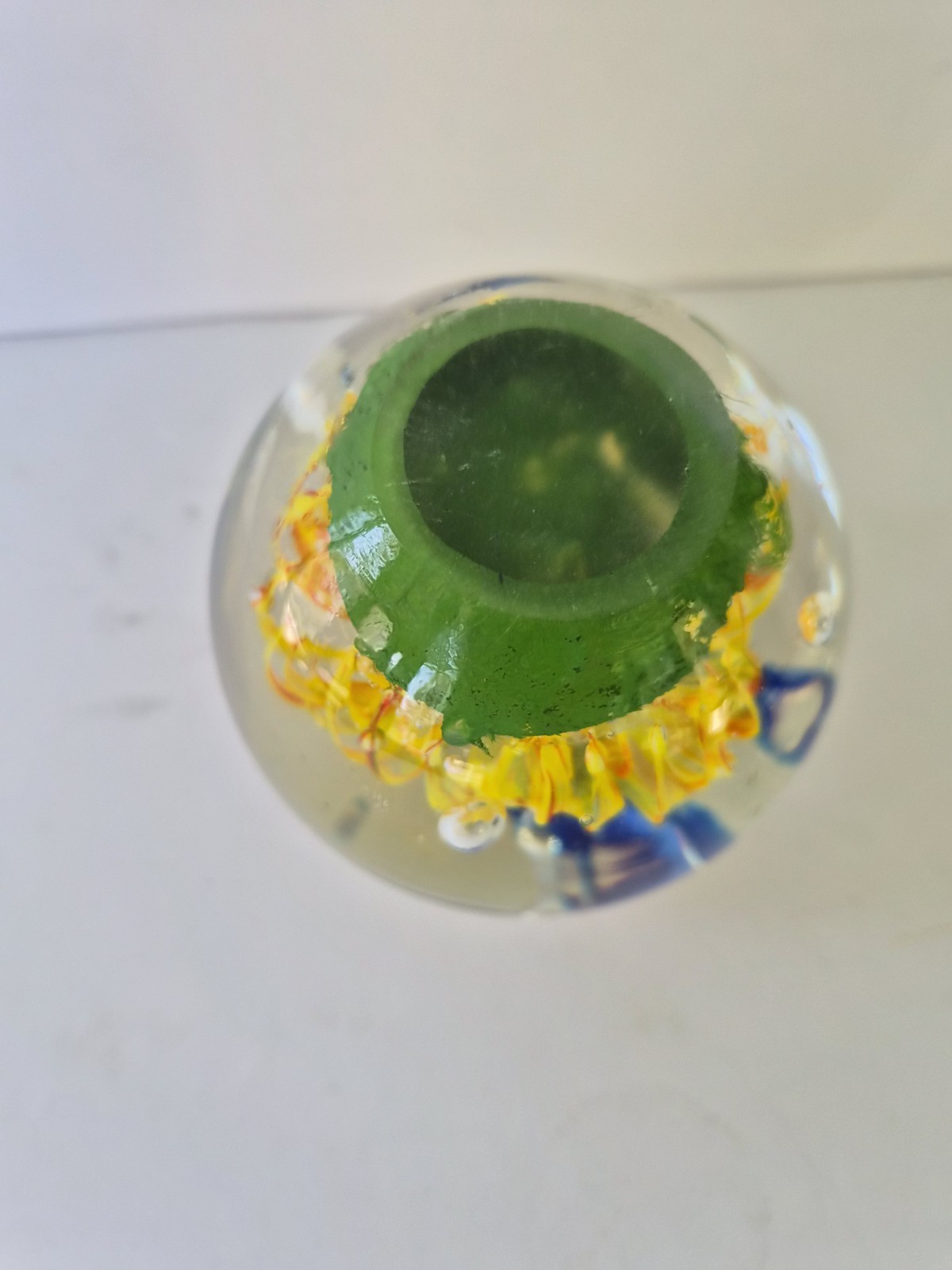 Art Glass Paperweight Dolphins Yellow Anemone Coral Underwater Scene 3 Inch
