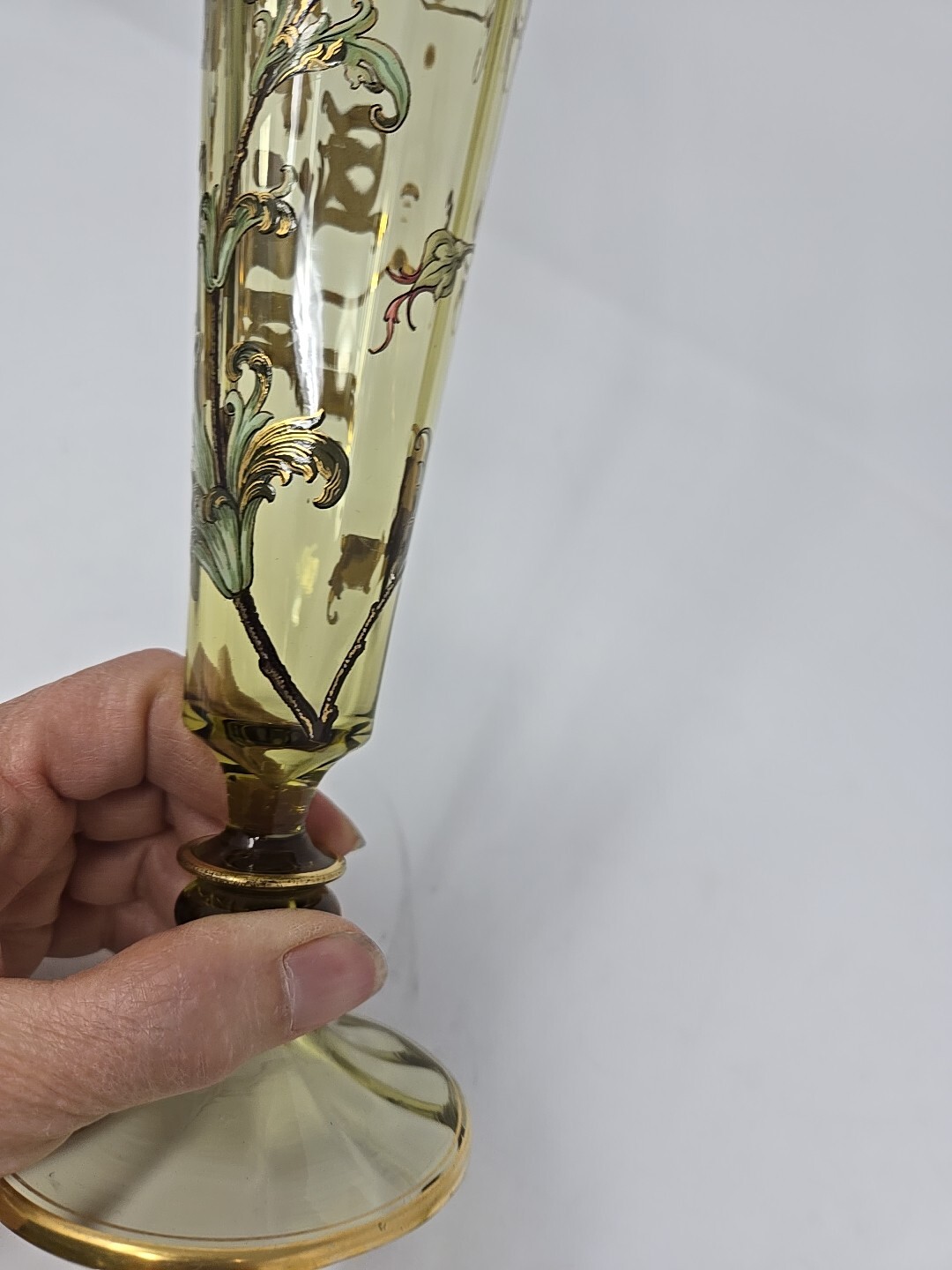 Theresienthal Moser Style Chartreuse Optic Molded Enamaled Floral Vase 11″