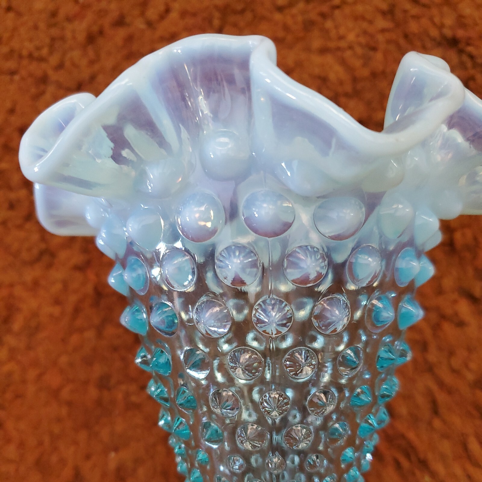 Blue Opalescent Hobnail Glass Trumpet Vase Ruffled Rim 5-1/2 inches