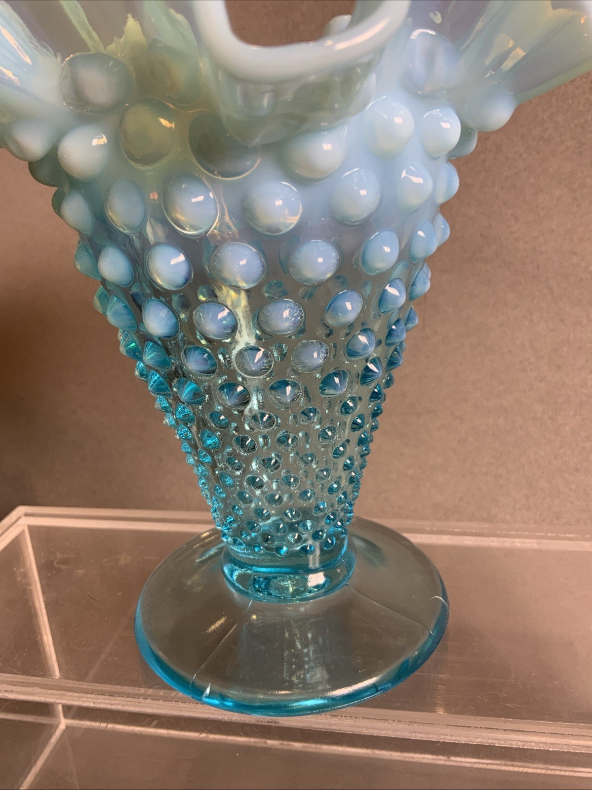 2 VTG Fenton Aqua Blue Opalescent Hobnail Ruffled-Rim Flare Vases-5.5” & 4”
