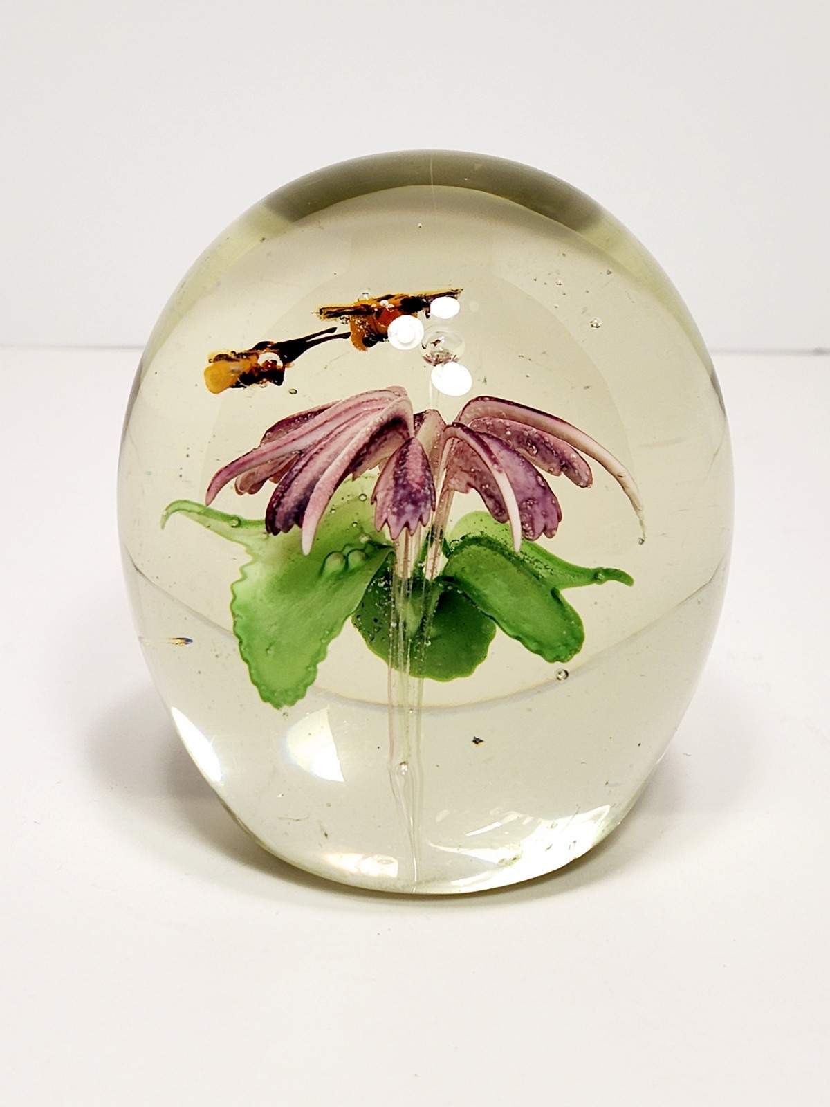 Handcrafted Silvestri Art Glass Paperweight Two Bees And A Purple Flower • VTG