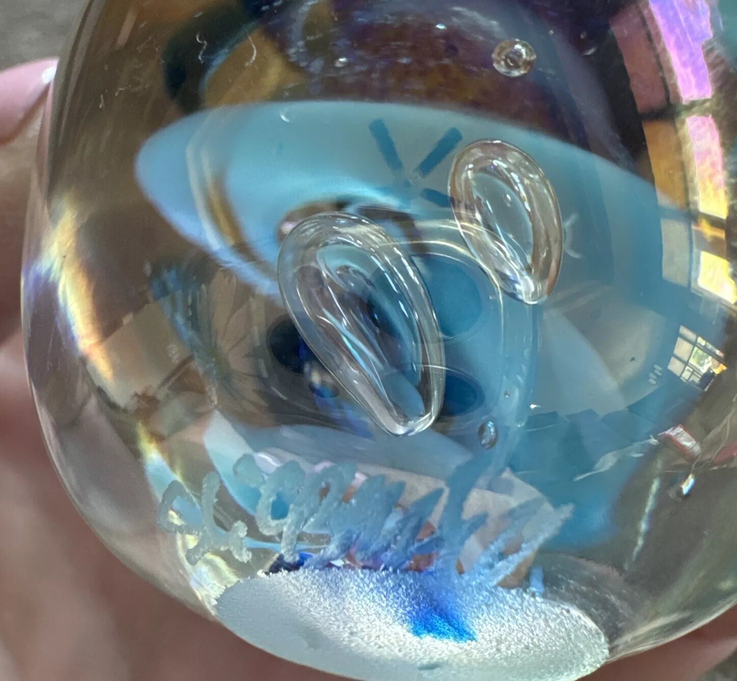 Glass Art Paperweight Iridescent Egg-Shaped Glass Bubble Signed ‘93 V