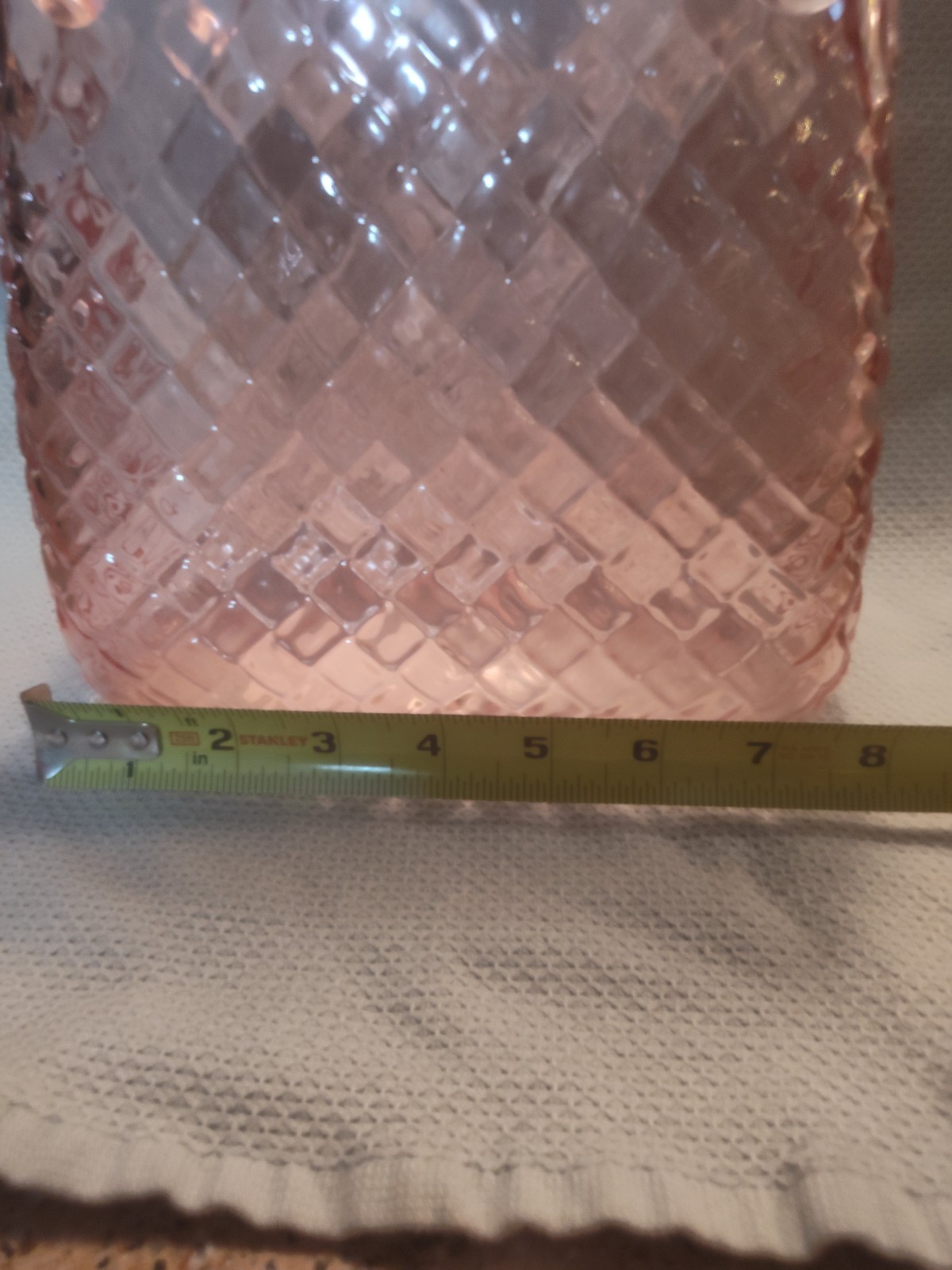 Pink Clear Glass Woven Pattern Rectangular Decorative Vase w/ Handles 9x6x4